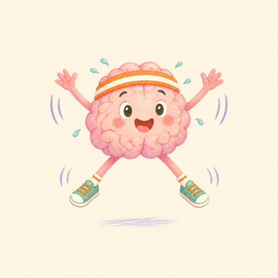 A cheerful cartoon brain in sneakers and a sweatband doing a jumping jack