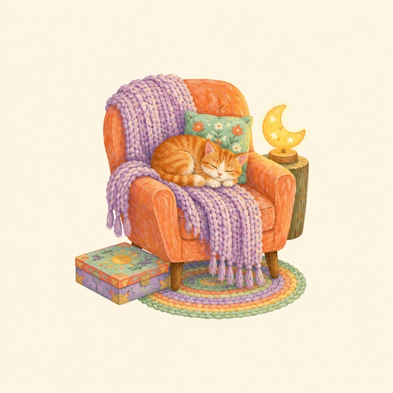 A cozy armchair with a sleeping cat, a closed game box and a moon lamp