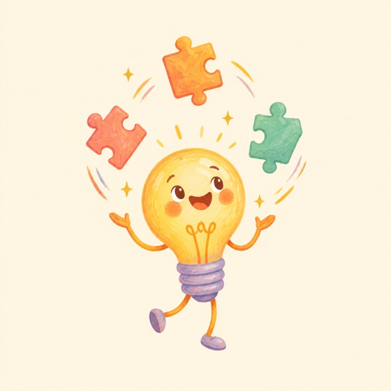A happy lightbulb character juggling puzzle pieces