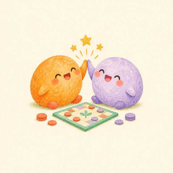 Two round mochi characters high-fiving over a little game board
