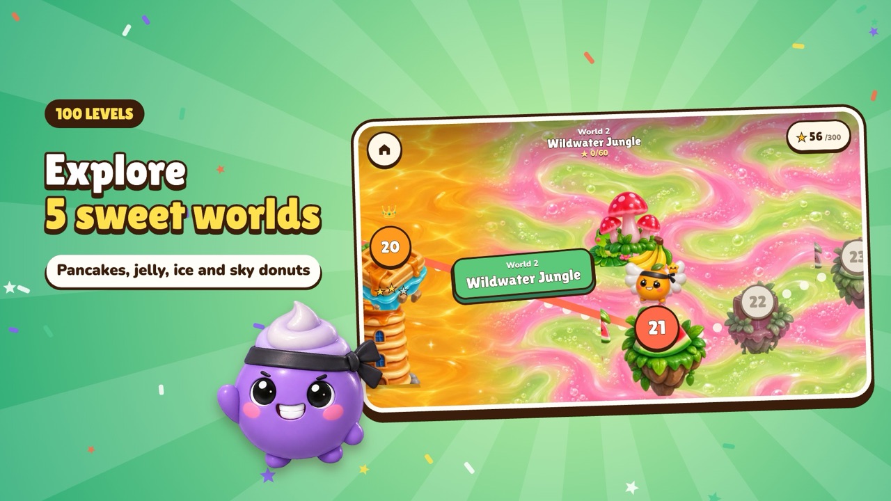 The adventure map with five sweet worlds and 100 levels