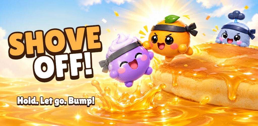 Shove Off! logo with Mango and Ube, two round mochi, on a pancake floating in syrup